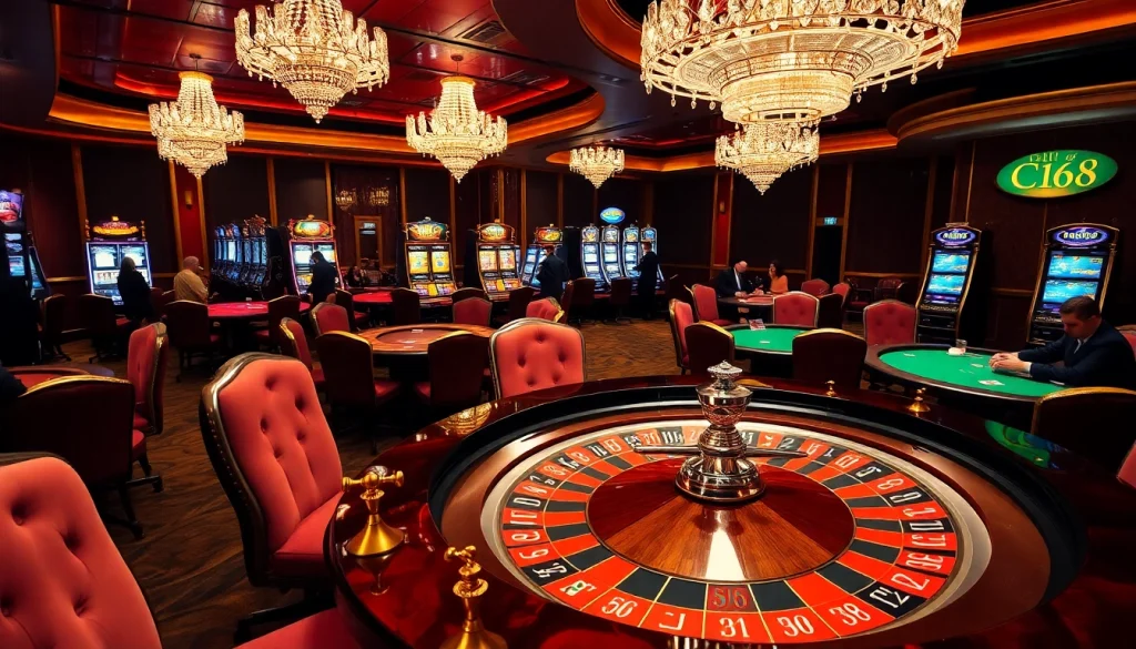 Players at a casino table engaging in strategy with C168-themed poker chips.