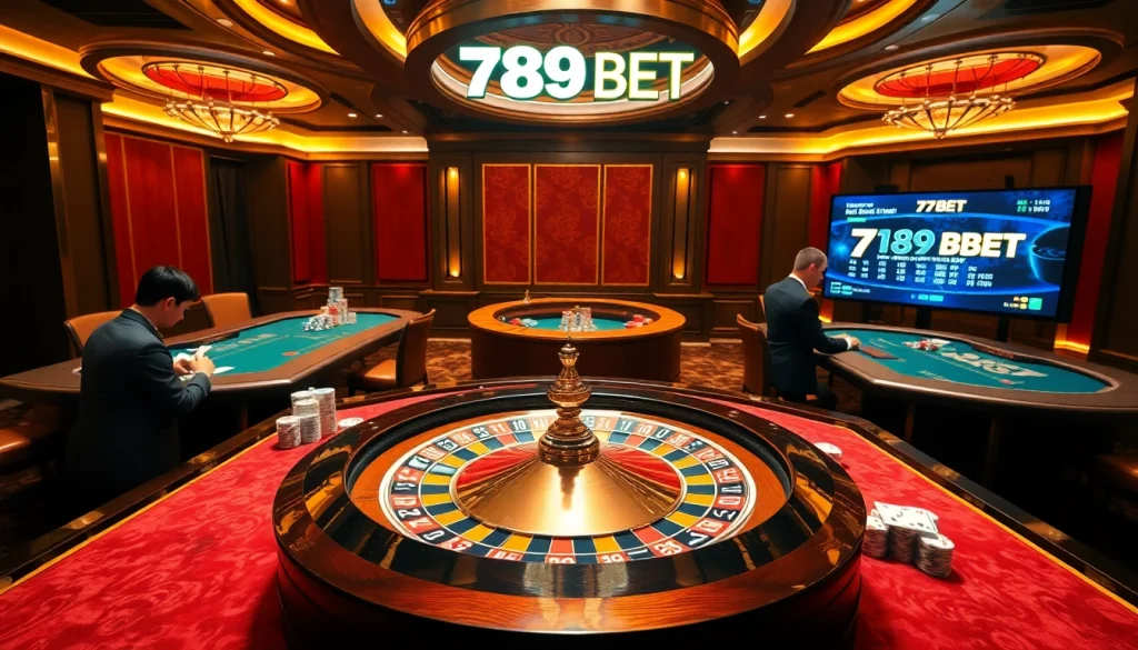 Experience the excitement of 789 BET with engaging casino games, players at a roulette wheel, and vibrant betting tables.