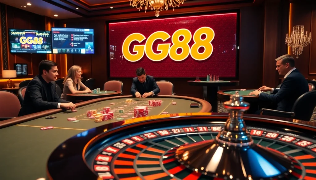 Excited players enjoying high-stakes poker while engaging with GG88's vibrant casino atmosphere.
