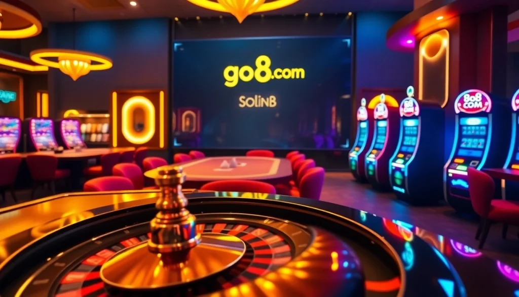Experience the excitement of go8.com with thrilling casino tables, poker chips, and vibrant slots.