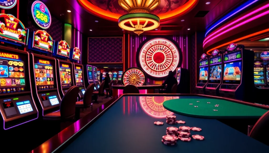 Experience the excitement of PG66 with vibrant slot machines and poker chips in play.