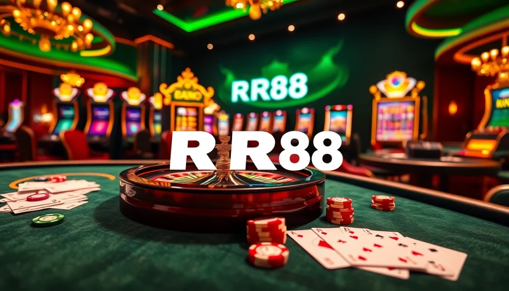 Play exciting casino games at RR88 with a luxurious gaming setup featuring roulette and slot machines.