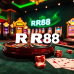 Play exciting casino games at RR88 with a luxurious gaming setup featuring roulette and slot machines.