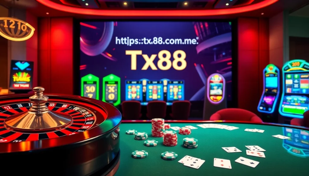 A casino scene with a roulette wheel and slot machines featuring https://tx88com.me/ for an exhilarating gambling experience.