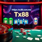 A casino scene with a roulette wheel and slot machines featuring https://tx88com.me/ for an exhilarating gambling experience.