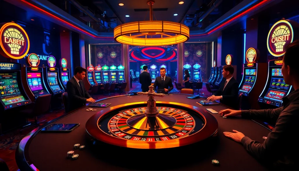 Players enjoy a thrilling game at hay88's luxurious casino table, surrounded by vibrant slot machines.