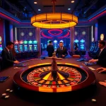 Players enjoy a thrilling game at hay88's luxurious casino table, surrounded by vibrant slot machines.