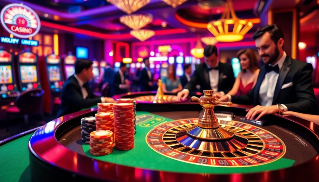 Experience the thrill of gambling at https://789win.associates/ with an elegant roulette table and engaged players.