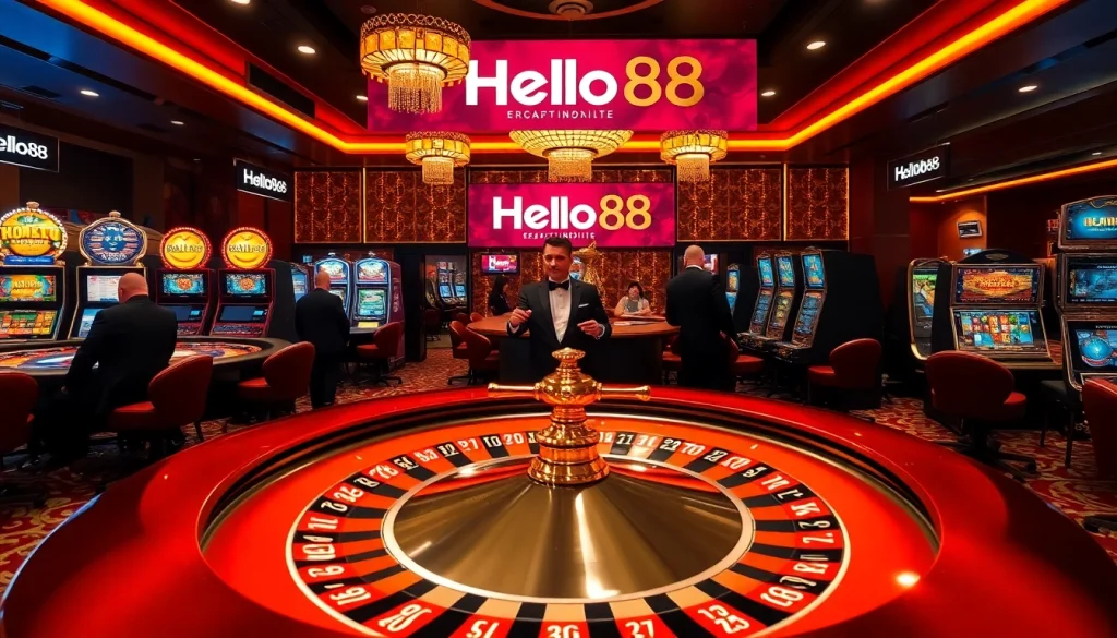 Experience the thrill of betting at Hello88, featuring roulette, poker chips, and slot machines.
