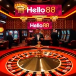 Experience the thrill of betting at Hello88, featuring roulette, poker chips, and slot machines.
