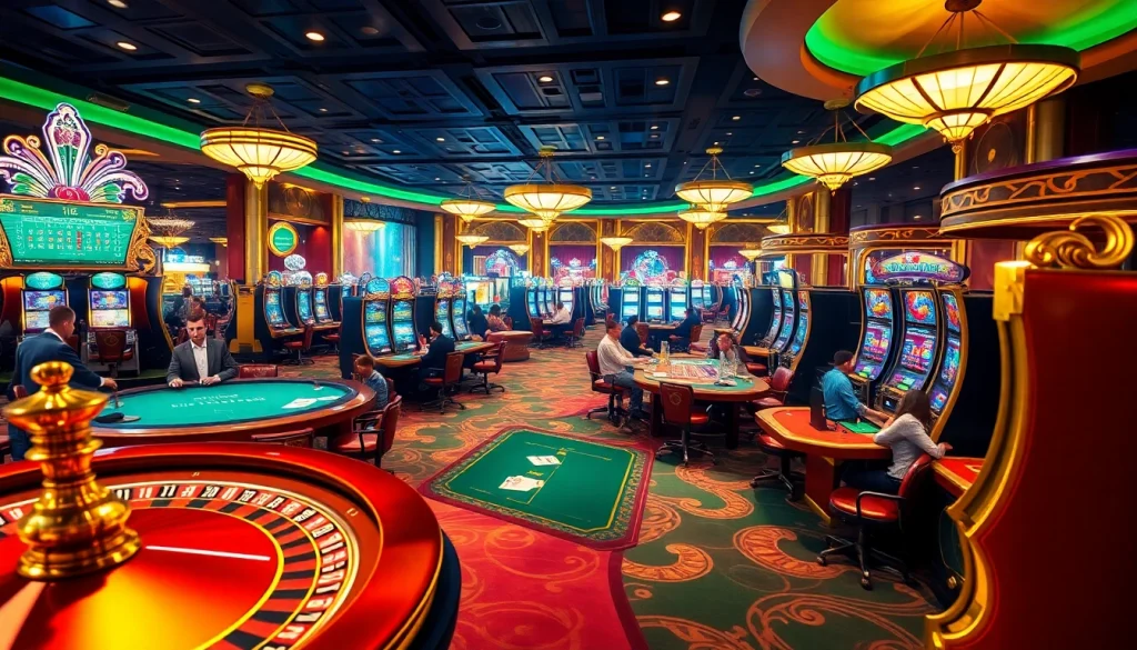 Engaging casino scene highlighting gambling excitement at https://rr88ez.com/ featuring roulette wheels and poker tables.