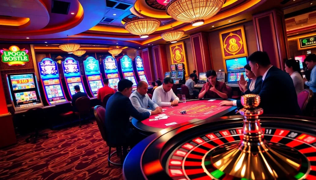 Players enjoying a high-stakes poker game at https://may88us.com/ with vibrant colors and casino decor.