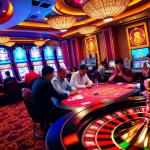 Players enjoying a high-stakes poker game at https://may88us.com/ with vibrant colors and casino decor.