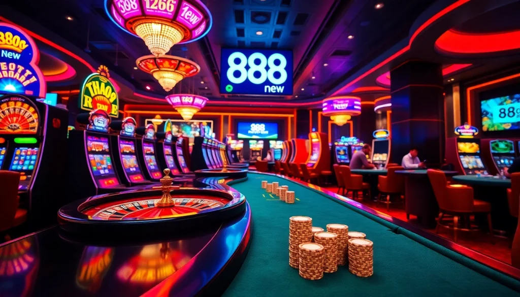 Experience the thrill of casino gaming with 888 new showcasing vibrant roulette wheels and slot machines.
