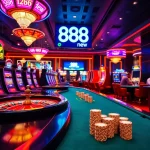 Experience the thrill of casino gaming with 888 new showcasing vibrant roulette wheels and slot machines.