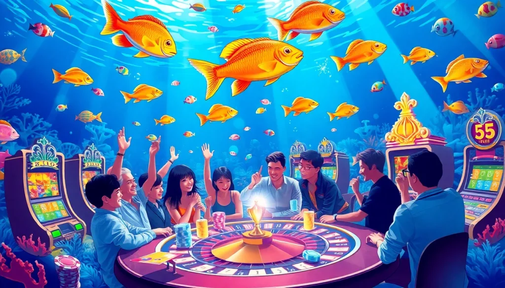 Players engaging in bắn cá đổi thưởng in an immersive underwater casino setting.