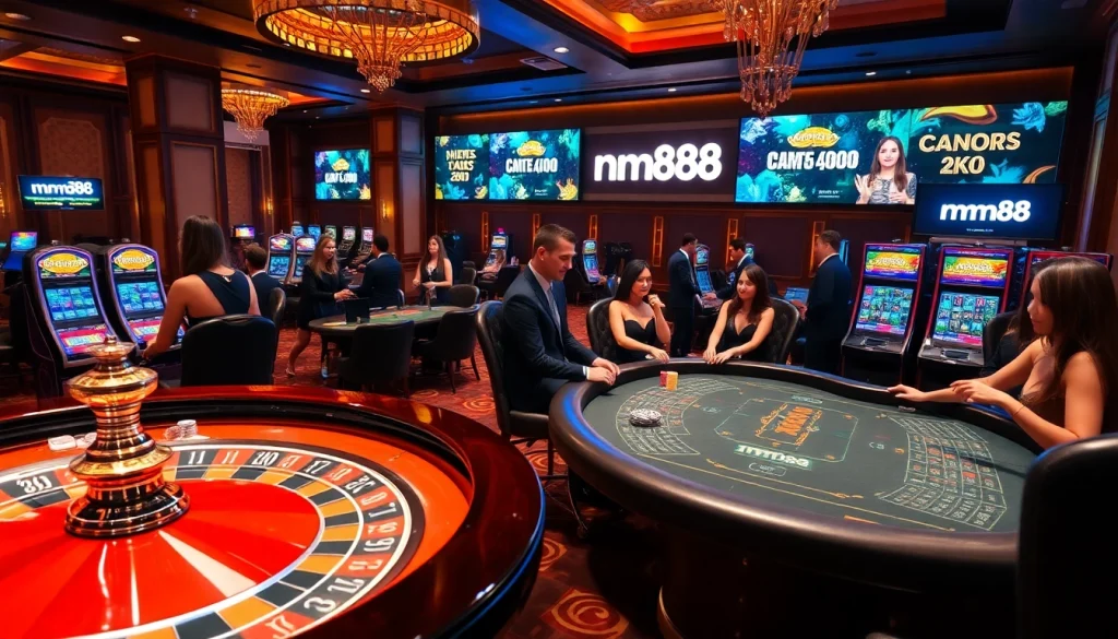 Experience thrilling gameplay at mm88 with a vibrant casino scene featuring roulette, poker tables, and engaging players.