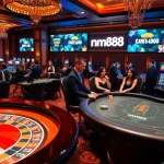 Experience thrilling gameplay at mm88 with a vibrant casino scene featuring roulette, poker tables, and engaging players.
