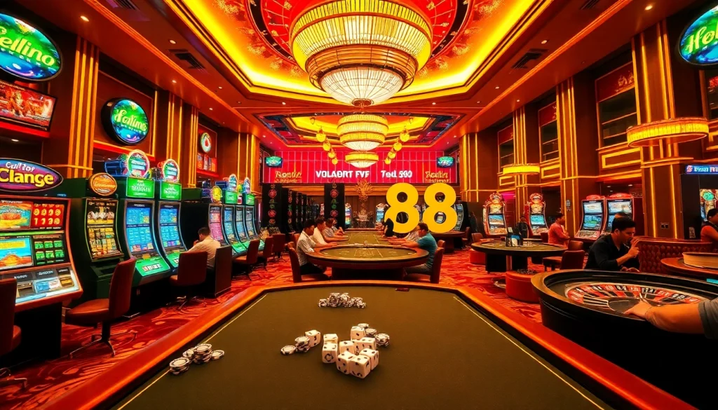 Exciting casino gaming scene showcasing Hello88 with vibrant slot machines and poker tables.