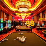 Exciting casino gaming scene showcasing Hello88 with vibrant slot machines and poker tables.