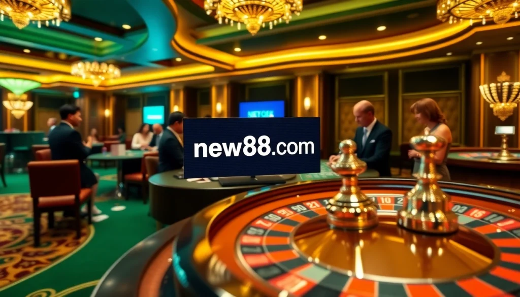 Exciting gaming session at new88 com with poker chips, cards, and a roulette wheel.