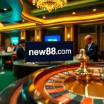 Exciting gaming session at new88 com with poker chips, cards, and a roulette wheel.