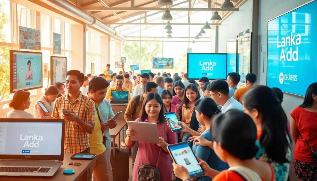 Lanka Add marketplace scene with users engaging joyfully in posting ads online, showcasing community connection.