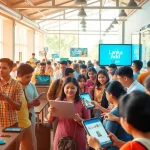 Lanka Add marketplace scene with users engaging joyfully in posting ads online, showcasing community connection.