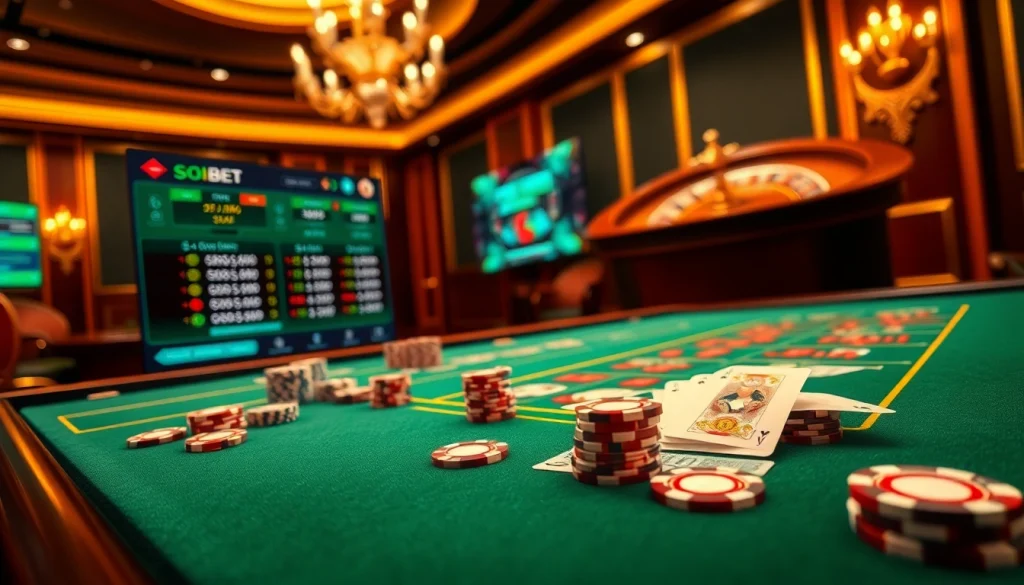 Exciting casino scene demonstrating SOIBET gameplay with poker chips, cards, and a spinning roulette wheel.
