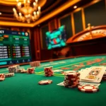 Exciting casino scene demonstrating SOIBET gameplay with poker chips, cards, and a spinning roulette wheel.
