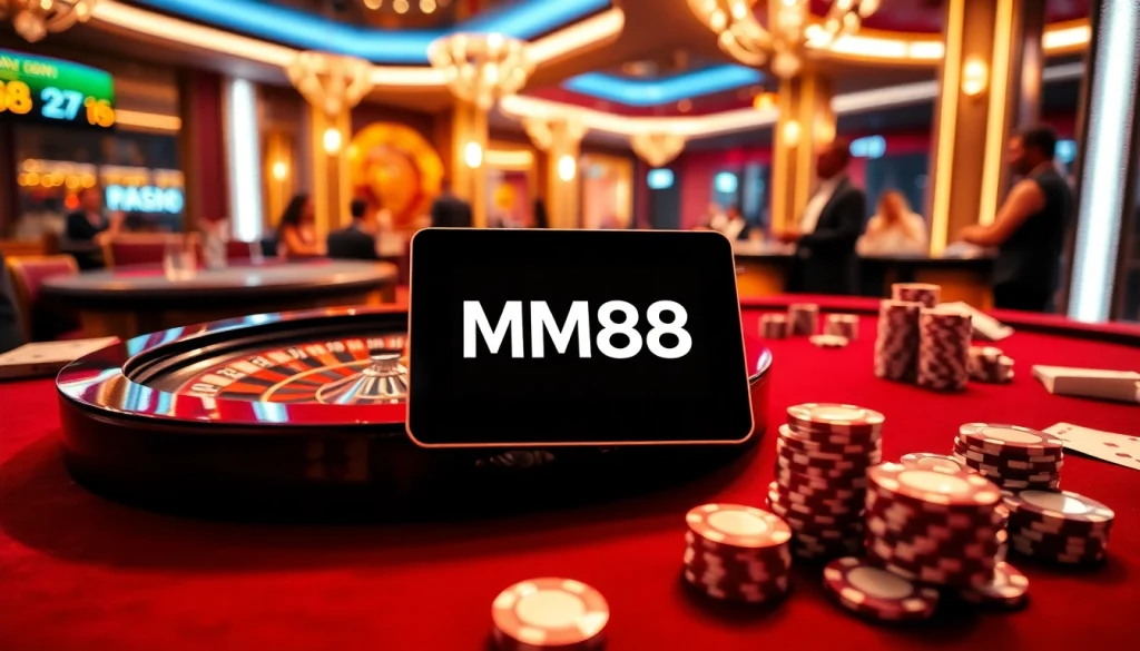Experience the excitement of MM88 at a vibrant casino table with betting chips and cards.