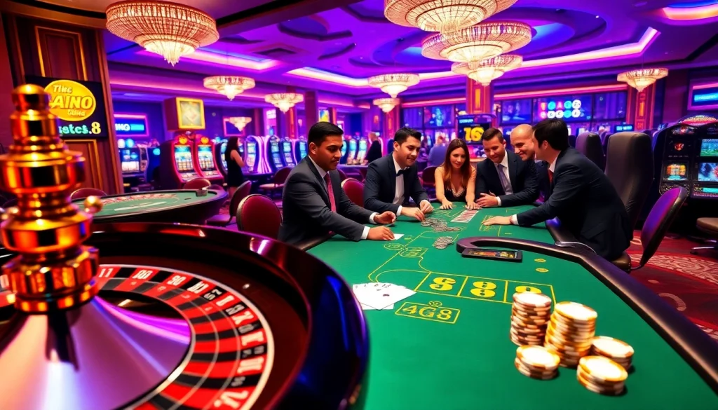 Exciting casino scene showcasing GG88 with players at a blackjack table and a spinning roulette wheel.