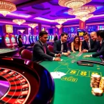 Exciting casino scene showcasing GG88 with players at a blackjack table and a spinning roulette wheel.