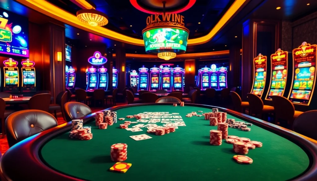 Okwin players enjoying an exhilarating poker game surrounded by luxurious casino decor.