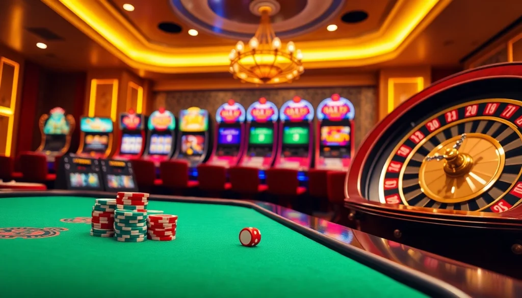 Engaging casino experience with QQ88 poker chips and a vibrant roulette wheel.