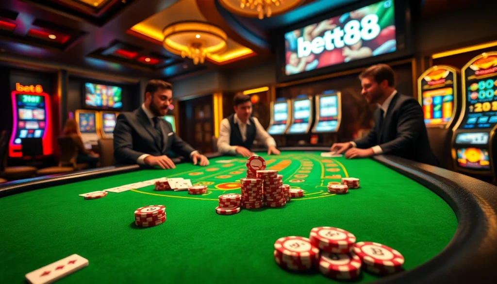 Experience thrilling gaming with bet88 at a luxurious blackjack table featuring vibrant action and sophisticated players.