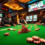Experience thrilling gaming with bet88 at a luxurious blackjack table featuring vibrant action and sophisticated players.