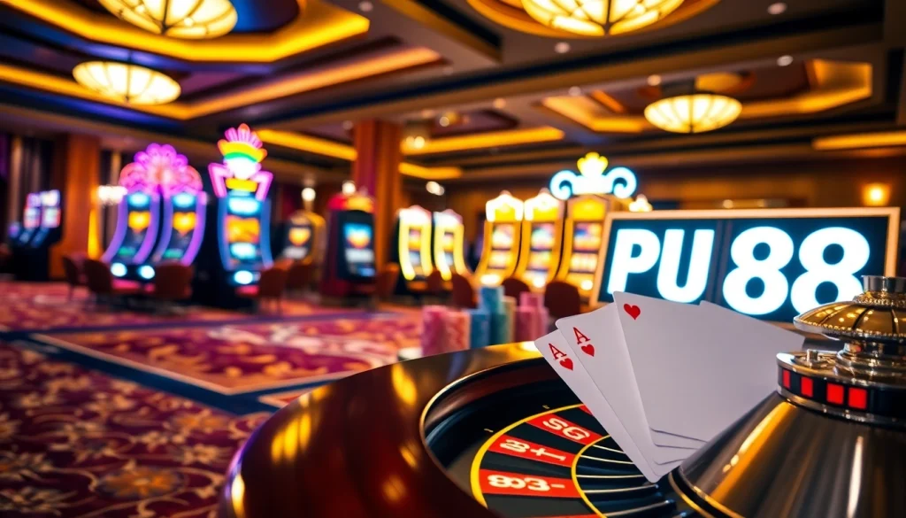 Experience the excitement of gambling at PU88 with vibrant slot machines and a lively roulette table.