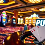 Experience the excitement of gambling at PU88 with vibrant slot machines and a lively roulette table.