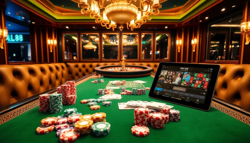 Place bets at MM 88's luxurious casino table filled with colorful chips and cards.