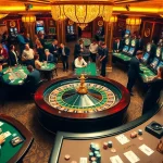 An exciting casino environment showcasing players engaged in games at https://kjc.exchange with roulette wheels and slot machines.