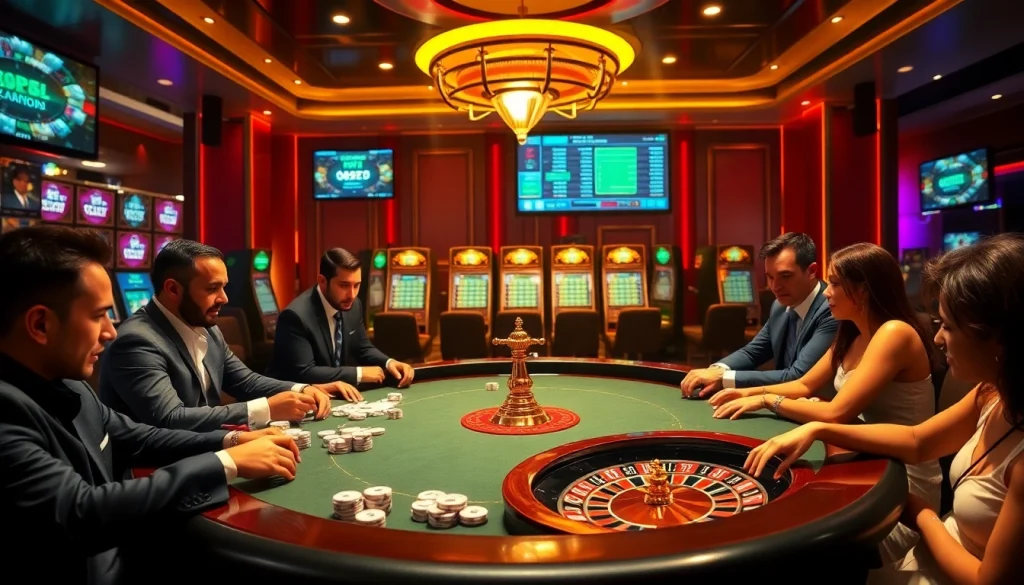A captivating scene of gamblers enjoying high stakes at KJC Trumpshop, featuring poker tables, roulette wheels, and glowing slot machines.