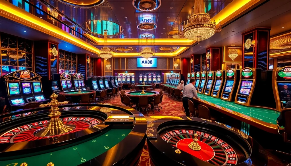 Players enjoying exciting games at AX88 Casino, vibrant atmosphere with slot machines and poker tables.