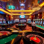 Players enjoying exciting games at AX88 Casino, vibrant atmosphere with slot machines and poker tables.