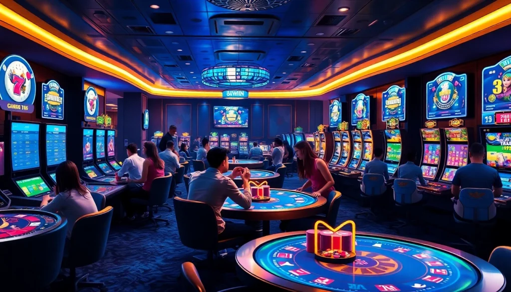 Exciting online gambling scene featuring diverse players enjoying various 84WIN games in a luxurious setting.