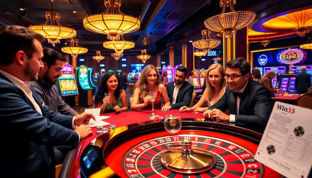 Experience the excitement of Win55 with lively gamblers at a roulette table in a glamorous casino.