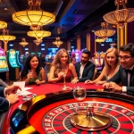 Experience the excitement of Win55 with lively gamblers at a roulette table in a glamorous casino.