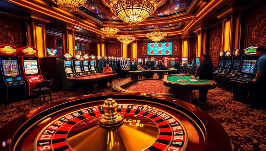 A vibrant casino scene showcasing thrilling games and the digital interface of https://lc88.supply/ for an engaging gambling experience.