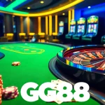 GG88 online casino scene with bright slot machines, poker chips, and a spinning roulette wheel.