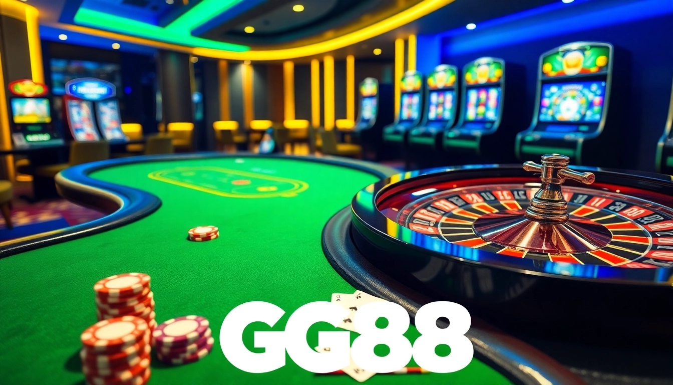GG88 online casino scene with bright slot machines, poker chips, and a spinning roulette wheel.